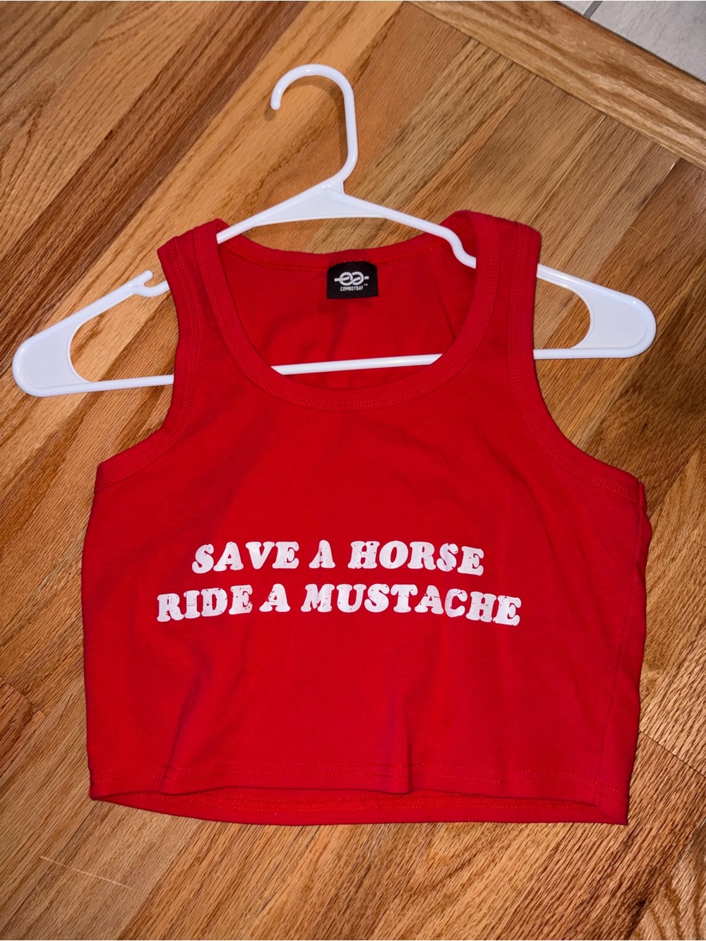 Red Crop Tank "Save a Horse Ride a Mustache"